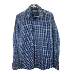 Express Size M 15/15.5 Mens fitted Shirt Blue Plaid Long Sleeve Button Up